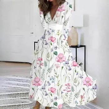 Женские осенние платья с V-образным вырезом и длинными рукавами с принтом S