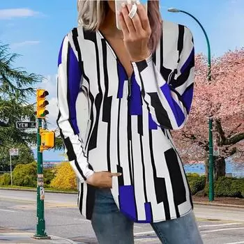 Женские осенние полосатые цветные принтованные футболки с длинным рукавом, свободные футболки с V-образным вырезом больших размеров, удобные блузки XS синий