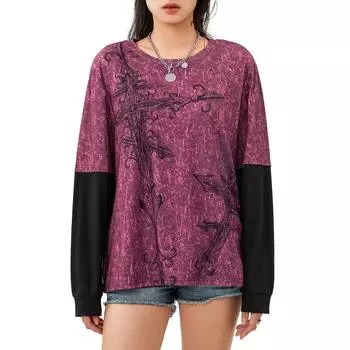 Женские осенние повседневные готические топы с длинным рукавом и круглым вырезом, с принтом креста в стиле пэчворк M серебряный