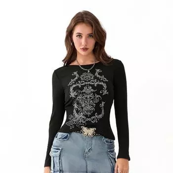 Женские осенние повседневные готические топы с длинным рукавом и круглым вырезом с принтом свободная футболка S чёрный