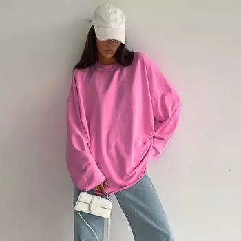 Женские осенние повседневные модные однотонные футболки с круглым вырезом и длинным рукавом, эластичные пуловеры, свободные топы в уличном стиле S розовый