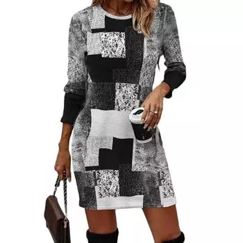 Женские осенние повседневные платья с геометрическим принтом и длинными рукавами с круглым вырезом S синий