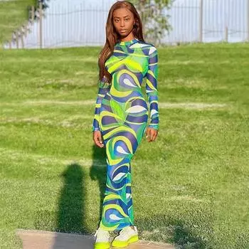 Женские осенние повседневные сетчатые принтованные длинные рукава с круглым вырезом узкие платья S зелёный