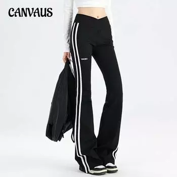 Женские осенние повседневные узкие брюки-клеш с эластичным поясом и однотонными полосками M чёрный