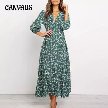 Женские осенние принтованные шифоновые платья с V-образным вырезом и длинными рукавами и высокой талией S зелёный