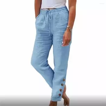 Женские осенние прямые повседневные брюки из хлопка и льна с эластичной резинкой на талии 2024 года L светло-синий