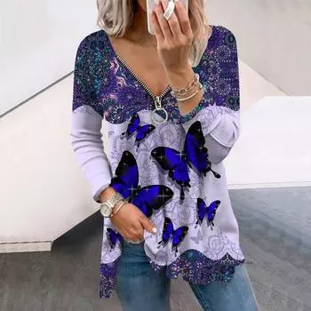 Женские осенние яркие бабочки с длинным рукавом, свободные футболки с V-образным вырезом, большие размеры, удобные блузки XS фиолетовый