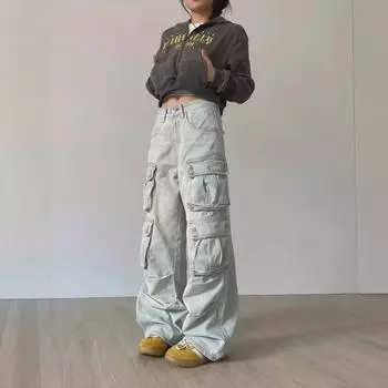 Женские осенние ретро-стираемые прямые рабочие джинсы с множеством карманов 2XL синий