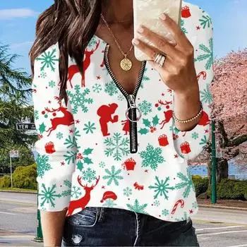 Женские осенние рождественские снежинки с длинным рукавом футболки свободные V-образным вырезом больших размеров футболки топы удобные блузки XS белый