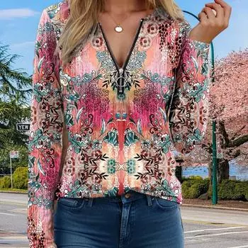Женские осенние розовые ретро-футболки с длинным рукавом и цветочным принтом, свободные футболки больших размеров с V-образным вырезом, удобные блузки XS розовый