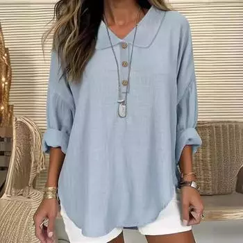Женские осенние рубашки с круглым вырезом, длинным рукавом, на пуговицах, однотонные свободные блузки, повседневные рубашки из хлопка и льна большого размера S белый
