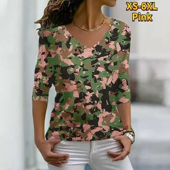 Женские осенние серые и белые футболки с длинными рукавами с цветочным принтом и камуфляжным принтом, свободные футболки с v-образным вырезом размера плюс, топы, удобная блузка XL розовый