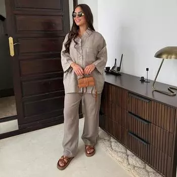 Женские осенние шикарные уличные повседневные комплекты из двух предметов, модные однобортные рубашки с лацканами, свободные широкие брюки S бежевый