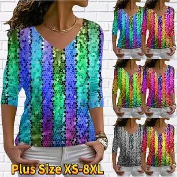 Женские осенние синие многослойные футболки в полоску с цветочным принтом и длинными рукавами, свободные футболки с v-образным вырезом, большие размеры, топы, удобная блузка XS синий