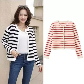Женские осенние свитера с круглым вырезом в полоску вязаный кардиган модный повседневный короткий топ с длинным рукавом корейский стиль новый свитер One size чёрный