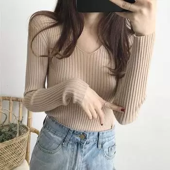 Женские осенние свитера с V-образным вырезом, облегающий пуловер с длинным рукавом, вязаный свитер для женщин, зимняя мода, однотонный джемпер с теплым трикотажем 24967 One Size белый