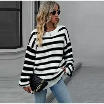 Женские осенние свитера свободного покроя в полоску с круглым вырезом и длинным рукавом, повседневные, свободные, трикотажные, пуловеры S оранжевый