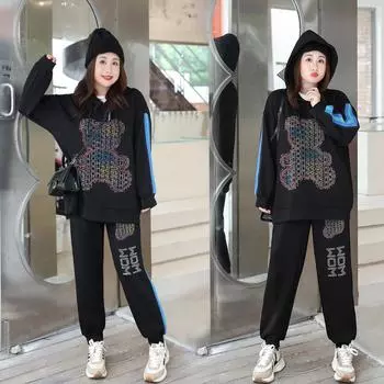 Женские осенние свободные комплекты из 2 предметов, женские красочные наряды с медведем, повседневный спортивный костюм с капюшоном и принтом в виде букв, спортивные штаны 9XL чёрный