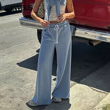 Женские осенние свободные однотонные повседневные брюки с длинным шнурком и эластичной талией S синий