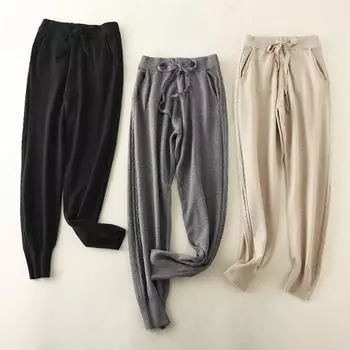 Женские осенние свободные тонкие вязанные повседневные брюки Харлан с эластичной резинкой на талии для дам, однотонные кружевные брюки OneSize чёрный