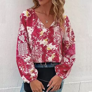 Женские осенние свободные топы с цветочным принтом и пуговицами на плечах реглан, блузка с рукавами-пузырьками и завязками S розовый