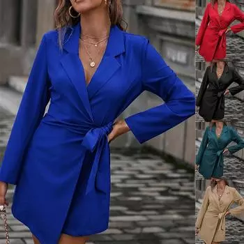 Женские осенние тонкие блейзеры, платья с длинными рукавами, бандажное платье-пиджак S чёрный