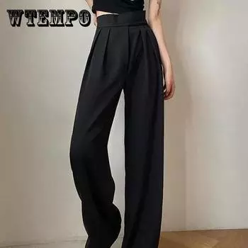 Женские осенние тонкие брюки большого размера с высокой талией и широкими штанинами, повседневные брюки, универсальные свободные черные прямые костюмные брюки XXXL чёрный