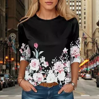 Женские осенние топы с белым цветочным принтом, повседневная футболка с длинным рукавом, топ, блузка XS синий