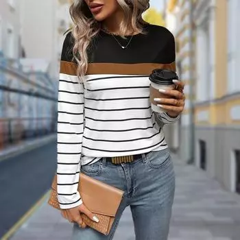 Женские осенние топы с черными линиями и принтом, повседневная футболка с длинным рукавом, топ, блузка XS чёрный