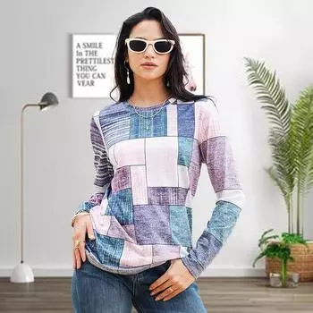 Женские осенние топы с цветным принтом в виде коробки, повседневная футболка с длинным рукавом, топ, блузка XS синий