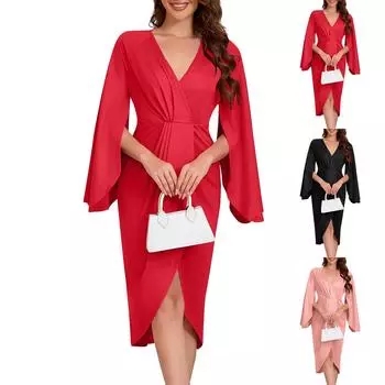 Женские осенние топы с длинным рукавом и V-образным вырезом, плиссированные облегающие платья L чёрный