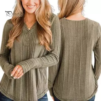 Женские осенние топы с длинным рукавом и V-образным вырезом, трикотажные топы, однотонные, в рубчик, повседневная трикотажная рубашка, повседневная одежда XL армия зеленый