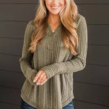 Женские осенние топы с длинным рукавом и V-образным вырезом, трикотажные топы, однотонные, в рубчик, повседневная трикотажная рубашка, повседневная одежда XXL армия зеленый