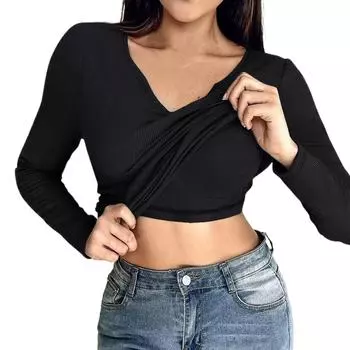 Женские осенние топы с длинным рукавом в рубчик со встроенным бюстгальтером, базовые майки, футболки, облегающие повседневные топы L чёрный