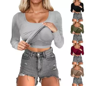 Женские осенние топы с длинным рукавом в рубчик со встроенным бюстгальтером, базовые майки, футболки, облегающие повседневные топы S чёрный