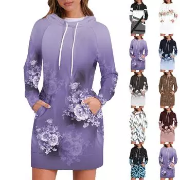 Женские осенние топы с длинными рукавами и цветочным принтом, с круглым вырезом, в стиле пэчворк, повседневные платья с капюшоном и рукавом реглан M