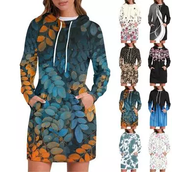 Женские осенние топы с длинными рукавами и цветочным принтом, с круглым вырезом, в стиле пэчворк, повседневные платья с капюшоном и рукавом реглан L бежевый