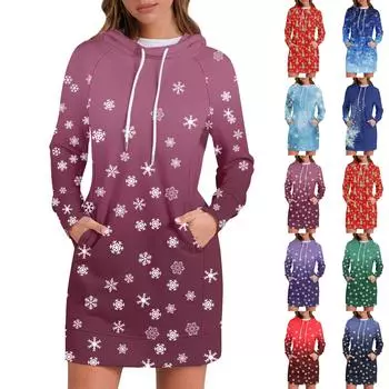 Женские осенние топы с длинными рукавами и принтом «Рождественская елка и снежинка», с круглым вырезом, в стиле пэчворк, повседневные платья с капюшоном и рукавами реглан M синий