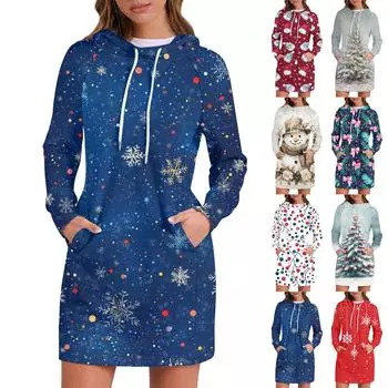 Женские осенние топы с длинными рукавами и принтом «Рождественская елка и снежинка», с круглым вырезом, в стиле пэчворк, повседневные платья с капюшоном и рукавами реглан M