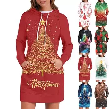 Женские осенние топы с длинными рукавами и принтом «Рождественская елка и снежинка», с круглым вырезом, в стиле пэчворк, повседневные платья с капюшоном и рукавами реглан XXL киноварь