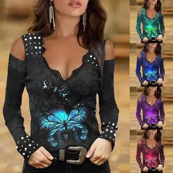 Женские осенние топы с длинными рукавами, сексуальная рубашка с v-образным вырезом и принтом бабочки, повседневная блузка с открытыми плечами, топ больших размеров 5XL фиолетовый
