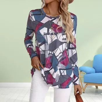 Женские осенние топы с изогнутым принтом в стиле кэжуал с длинным рукавом, футболка, топ, блузка XS фиолетовый