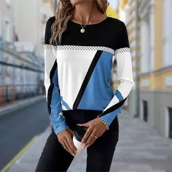 Женские осенние топы с квадратным цветным принтом, повседневная футболка с длинным рукавом, топ, блузка XS фиолетовый