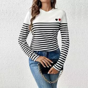 Женские осенние топы с мелким принтом линий, повседневная футболка с длинным рукавом, топ, блузка XS белый