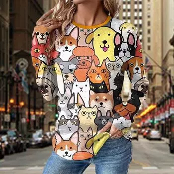 Женские осенние топы с милым принтом кота, повседневная футболка с длинным рукавом, топ, блузка XS синий