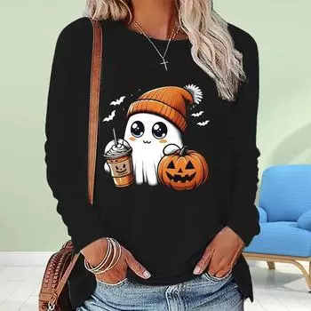 Женские осенние топы с милым принтом призрака, повседневная футболка с длинным рукавом, топ, блузка XS чёрный