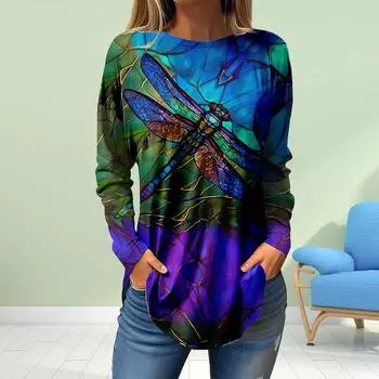 Женские осенние топы с очаровательным принтом стрекозы, повседневная футболка с длинным рукавом, топ, блузка XS чёрный