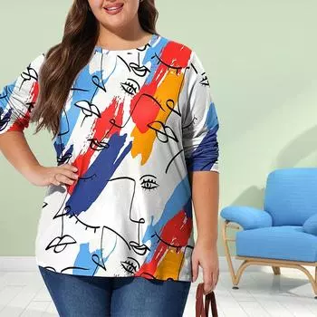 Женские осенние топы с принтом граффити и линий, повседневная футболка с длинным рукавом, топ, блузка XS красный