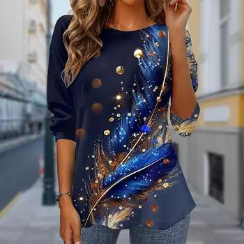 Женские осенние топы с принтом синих перьев, повседневная футболка с длинным рукавом, топ, блузка XS синий
