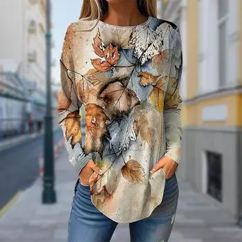 Женские осенние топы с принтом увядших желтых листьев, повседневная футболка с длинным рукавом, топ, блузка XS синий